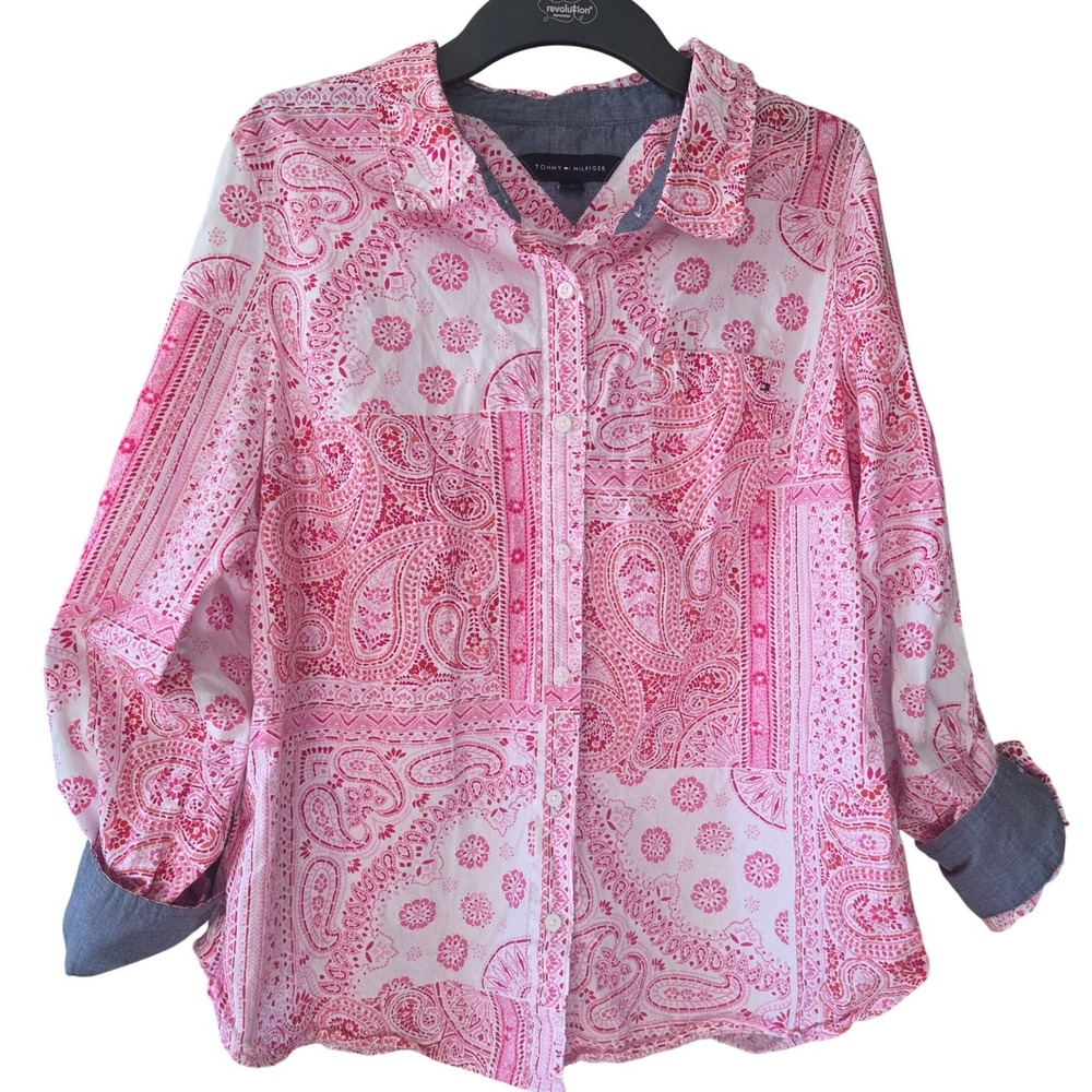 Tommy Hilfiger Pink Paisley Patchwork Button Down Shirt Large Bandana Print